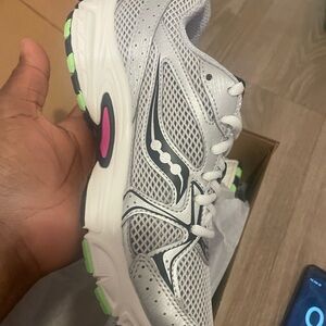 Saucony Silver Mesh Running Sneakers with Black, Neon Green & Pink Accents